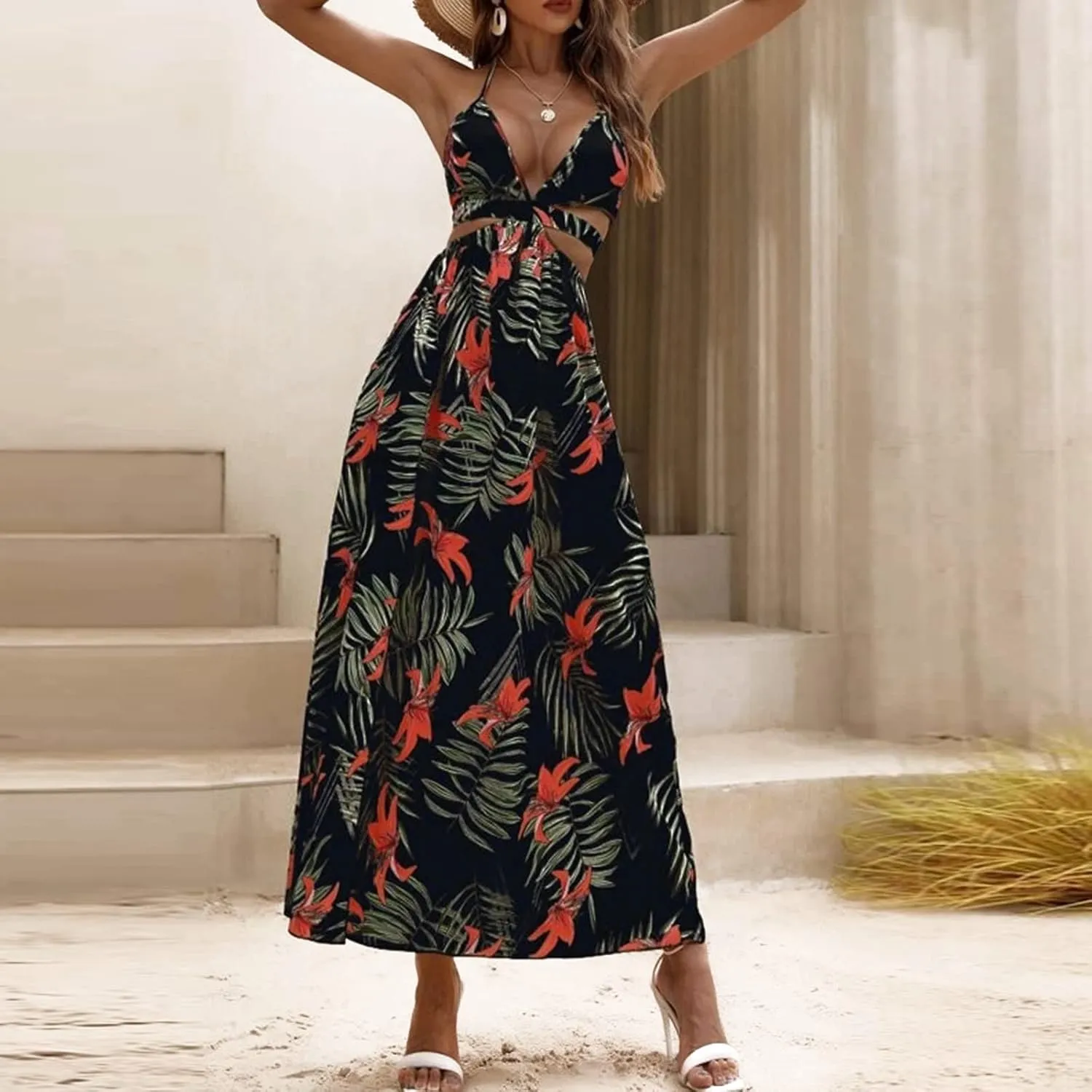 Women's Summer Dress Sleeveless Halter Neck Ruffle Tiered Layed Casual Vacation Maxi Dress Backless Beach Sundresses