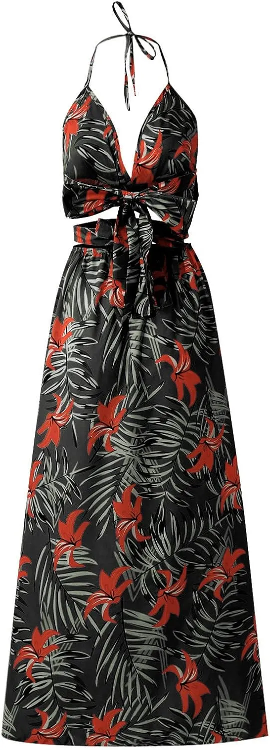 Women's Summer Dress Sleeveless Halter Neck Ruffle Tiered Layed Casual Vacation Maxi Dress Backless Beach Sundresses