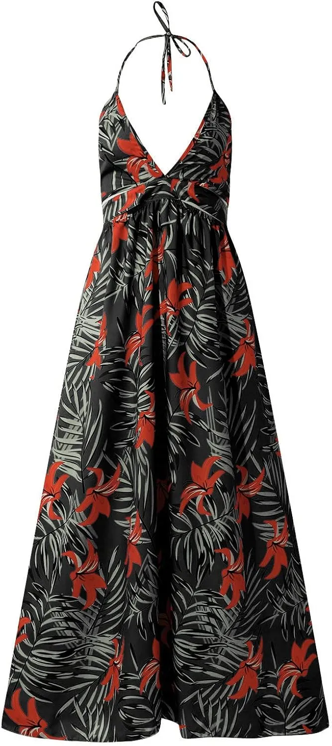 Women's Summer Dress Sleeveless Halter Neck Ruffle Tiered Layed Casual Vacation Maxi Dress Backless Beach Sundresses