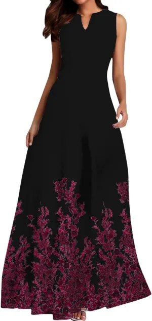 Women's Summer Dress Sleeveless V Neck Long Sun Skirt 2025 Fashion Floral Printed Flowy Maxi Dresses Spring Dresses