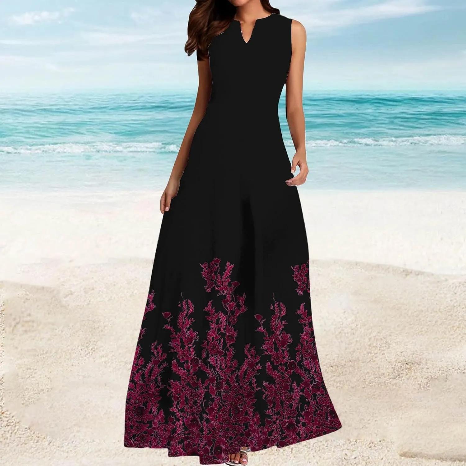 Women's Summer Dress Sleeveless V Neck Long Sun Skirt 2025 Fashion Floral Printed Flowy Maxi Dresses Spring Dresses