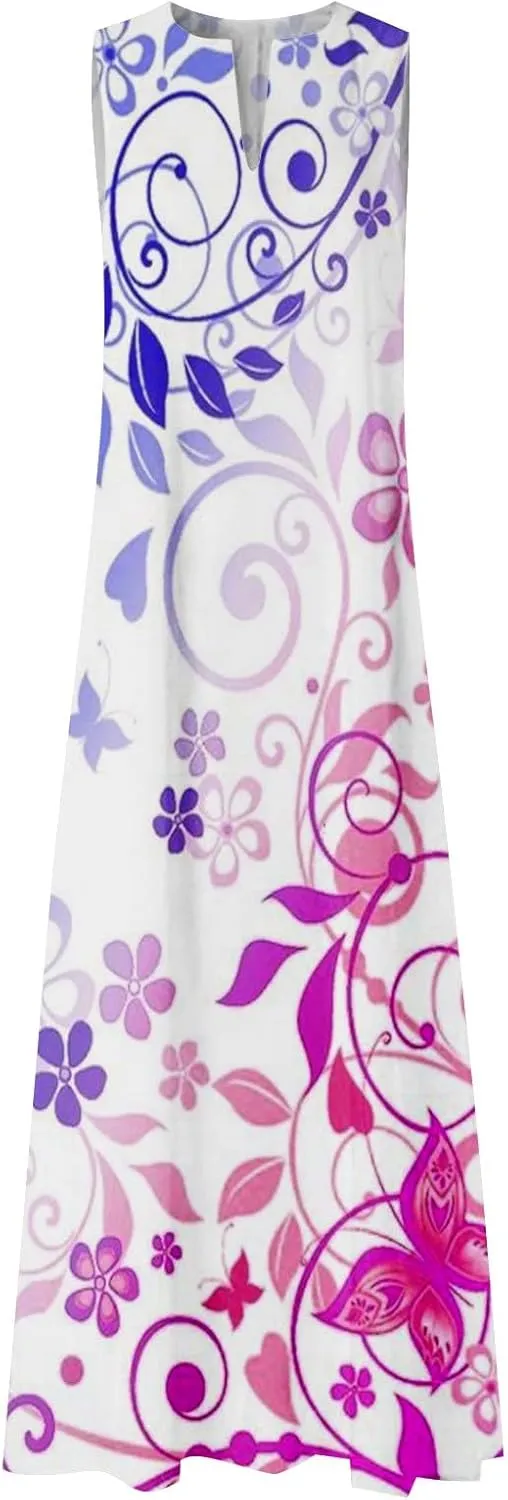 Women's Summer Dress Sleeveless V Neck Long Sun Skirt 2025 Fashion Floral Printed Flowy Maxi Dresses Spring Dresses