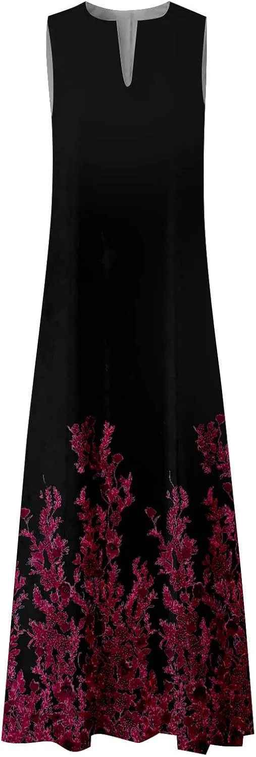 Women's Summer Dress Sleeveless V Neck Long Sun Skirt 2025 Fashion Floral Printed Flowy Maxi Dresses Spring Dresses