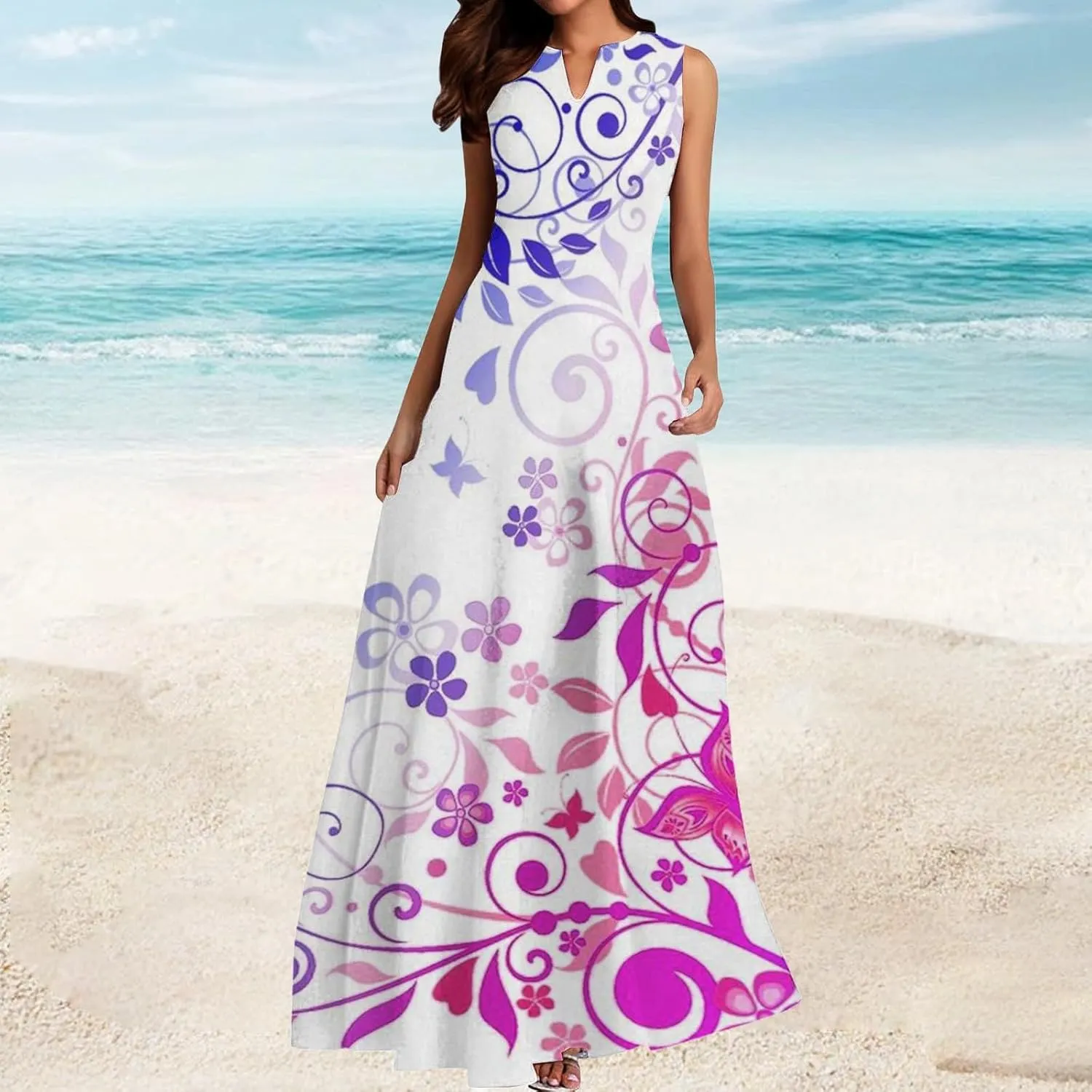 Women's Summer Dress Sleeveless V Neck Long Sun Skirt 2025 Fashion Floral Printed Flowy Maxi Dresses Spring Dresses