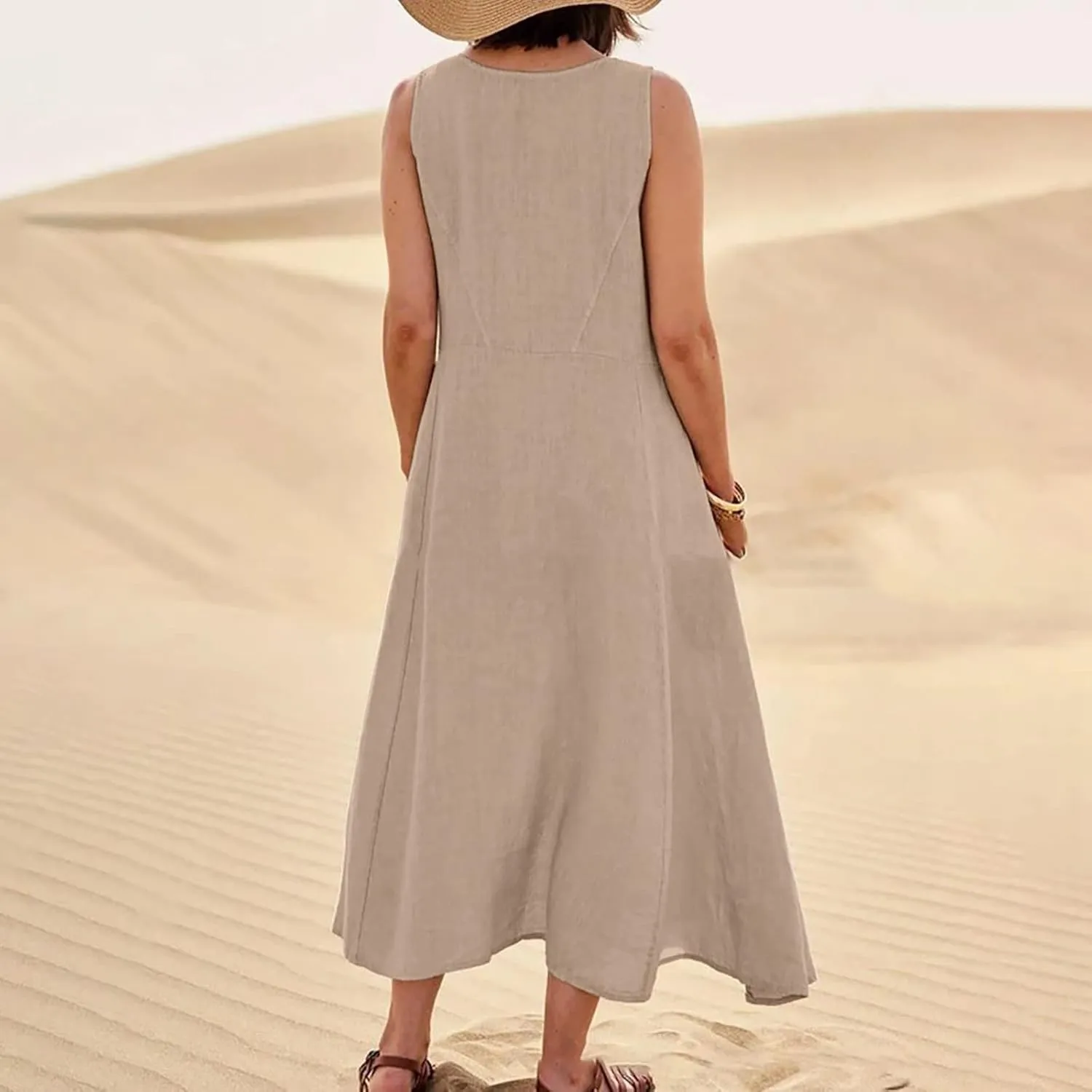Womens Summer Dresses 2024 Casual Floral Print Boho Beach Sundress O Neck Sleeveless Loose Maxi Dress with Pockets