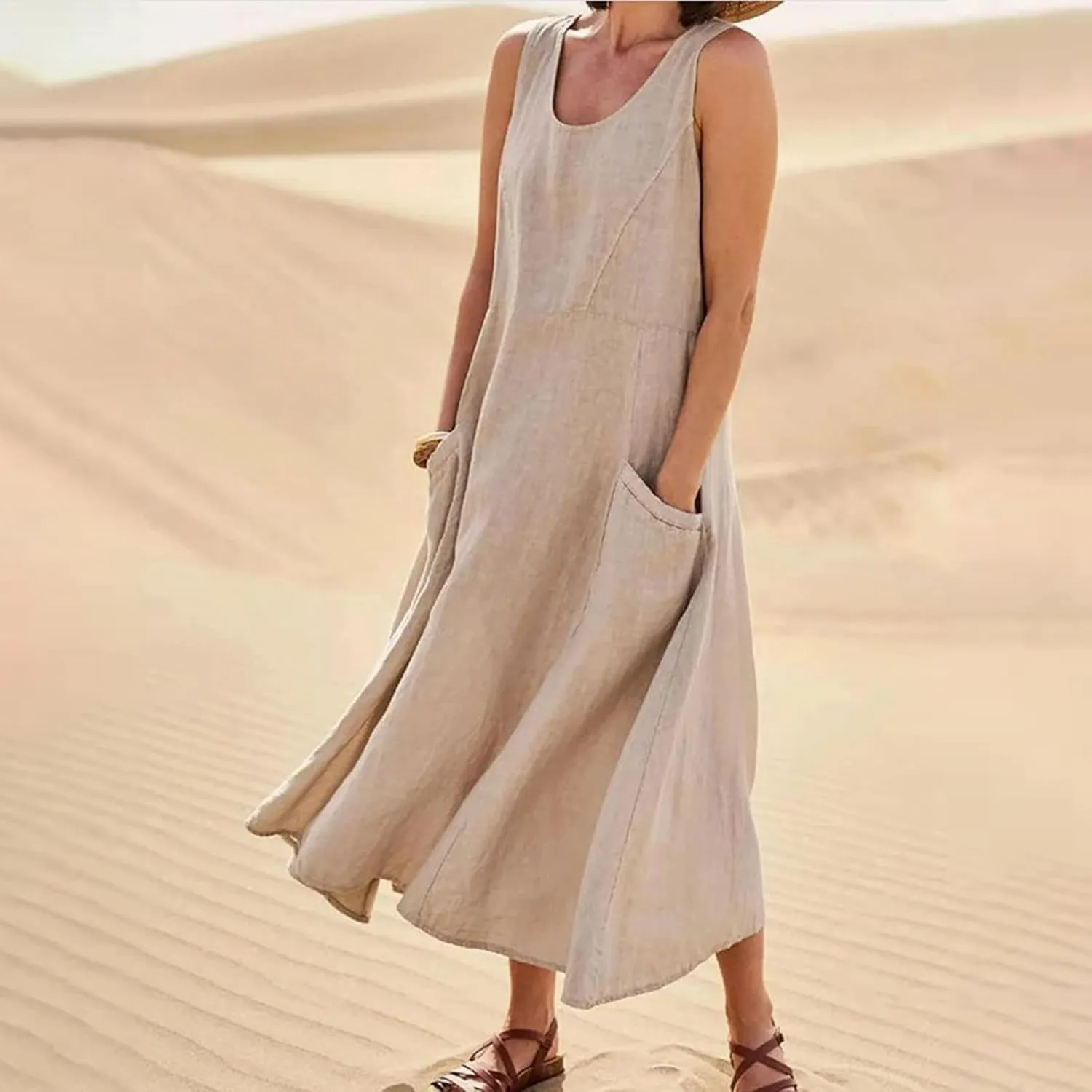 Womens Summer Dresses 2024 Casual Floral Print Boho Beach Sundress O Neck Sleeveless Loose Maxi Dress with Pockets