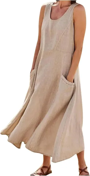 Womens Summer Dresses 2024 Casual Floral Print Boho Beach Sundress O Neck Sleeveless Loose Maxi Dress with Pockets