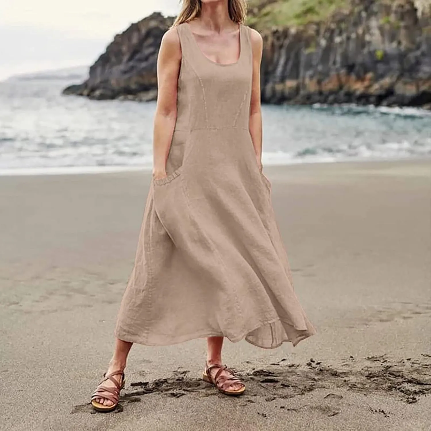 Womens Summer Dresses 2024 Casual Floral Print Boho Beach Sundress O Neck Sleeveless Loose Maxi Dress with Pockets