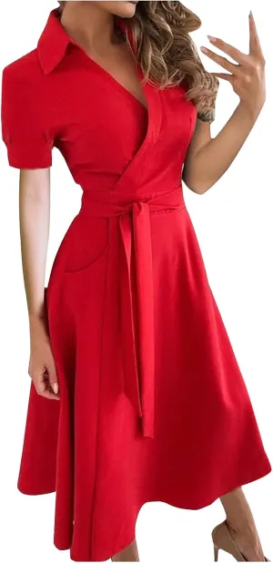 Women's Summer Dresses 2024 Color Loose Swing Lapel Short Sleeve Dresses Evening Prom Cocktail Gown Dresses, S-2XL