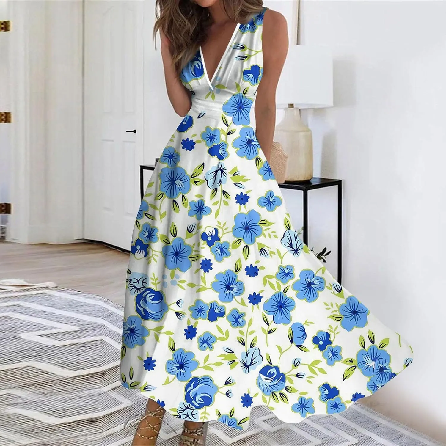 Womens Summer Dresses 2025 Floral Sleeveless V Neck Maxi Dresses High Waisted Flowy Sundresses Plus Size Beach Dress