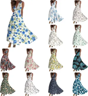 Womens Summer Dresses 2025 Floral Sleeveless V Neck Maxi Dresses High Waisted Flowy Sundresses Plus Size Beach Dress