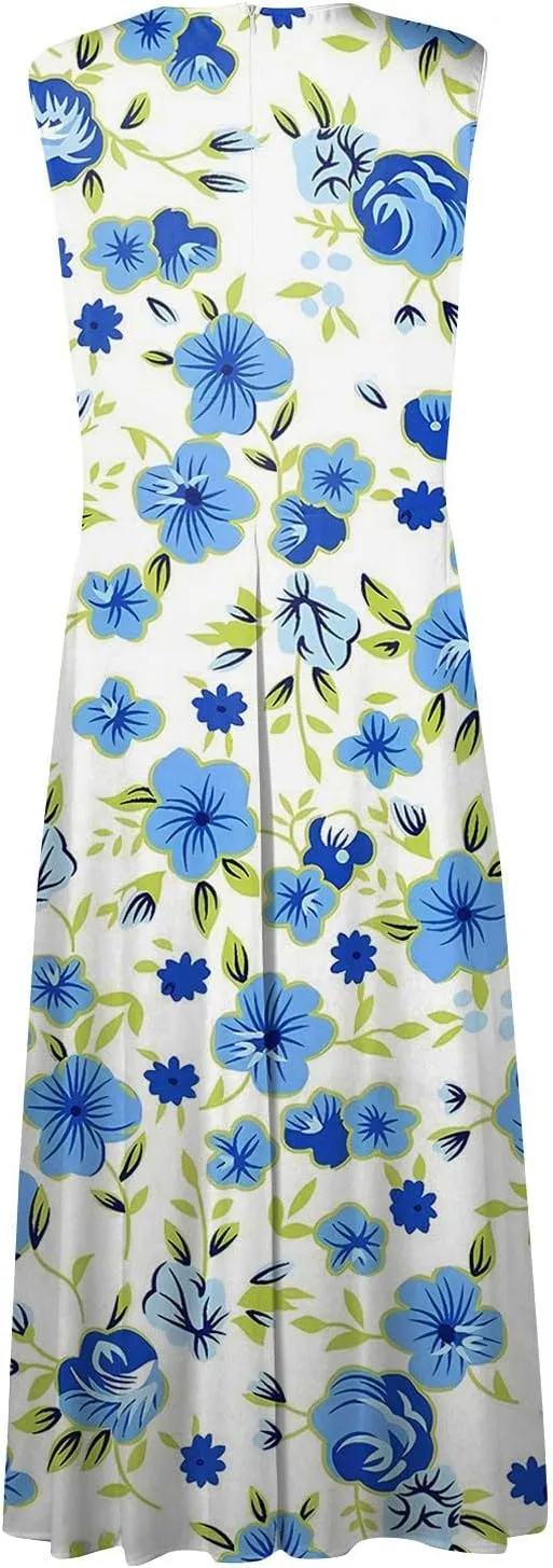 Womens Summer Dresses 2025 Floral Sleeveless V Neck Maxi Dresses High Waisted Flowy Sundresses Plus Size Beach Dress