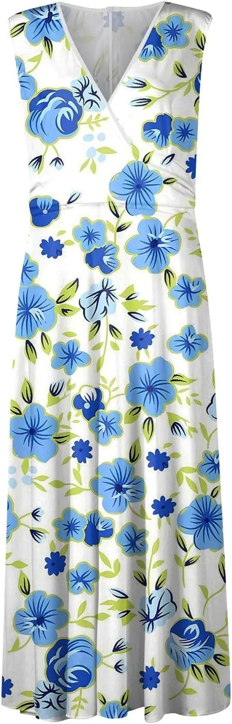 Womens Summer Dresses 2025 Floral Sleeveless V Neck Maxi Dresses High Waisted Flowy Sundresses Plus Size Beach Dress