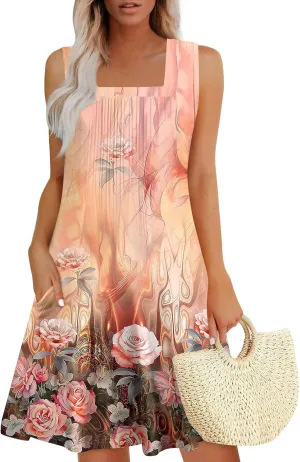 Womens Summer Dresses 2025 Pleated Square Neck Sleeveless Boho Sundresses Casual Hawaiian Beach Vacation Tank Dress