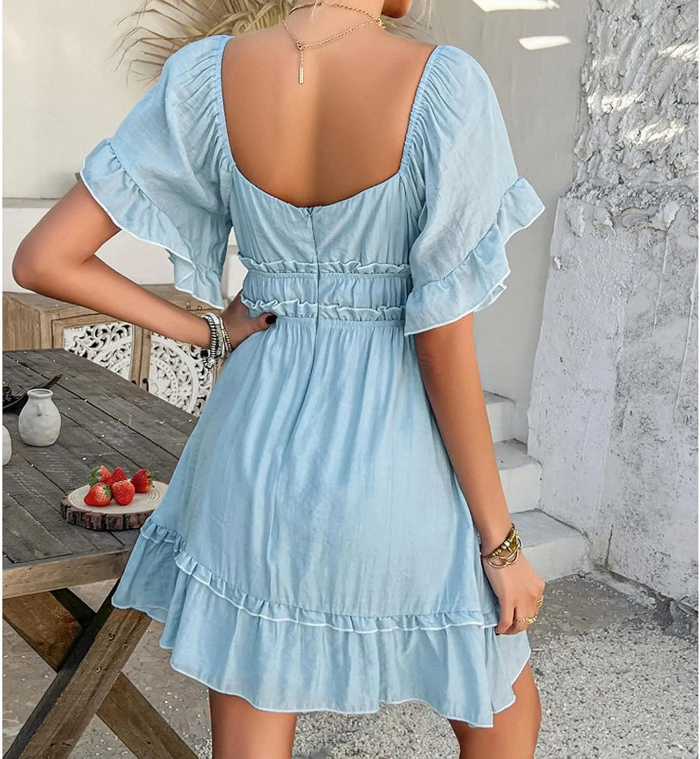Womens Summer Dresses 2025 Trendy Soild Square Neck Tie Back Dress Casual Lantern Sleeve Ruffle A-Line Mini-Dress