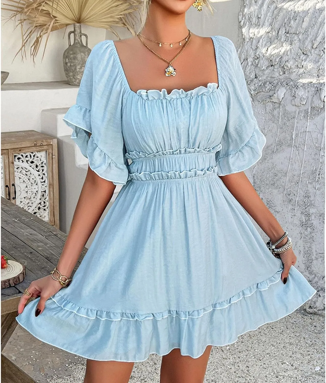 Womens Summer Dresses 2025 Trendy Soild Square Neck Tie Back Dress Casual Lantern Sleeve Ruffle A-Line Mini-Dress