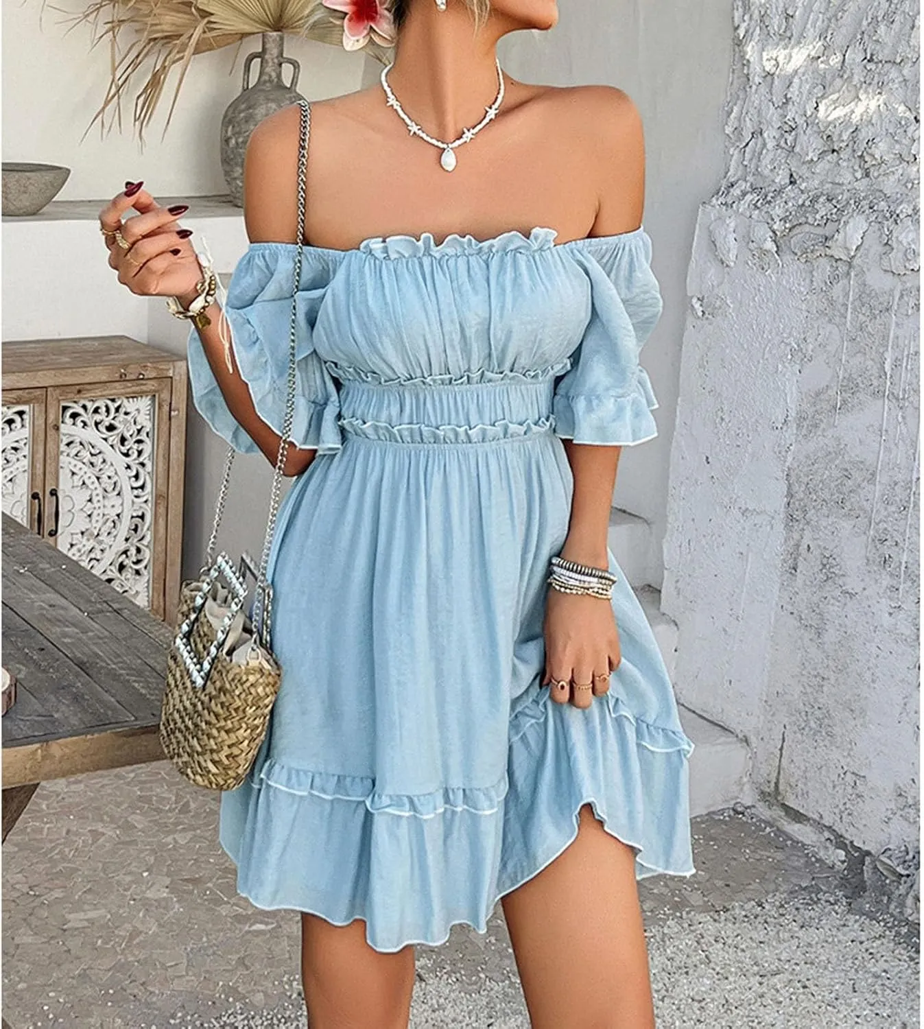 Womens Summer Dresses 2025 Trendy Soild Square Neck Tie Back Dress Casual Lantern Sleeve Ruffle A-Line Mini-Dress