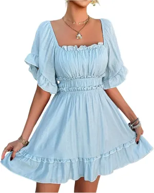 Womens Summer Dresses 2025 Trendy Soild Square Neck Tie Back Dress Casual Lantern Sleeve Ruffle A-Line Mini-Dress