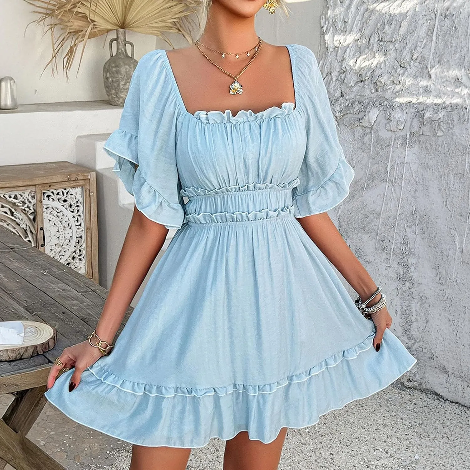 Womens Summer Dresses 2025 Trendy Soild Square Neck Tie Back Dress Casual Lantern Sleeve Ruffle A-Line Mini-Dress