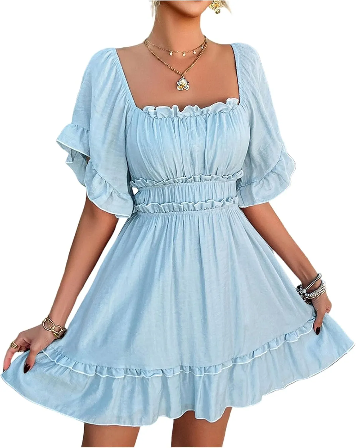 Womens Summer Dresses 2025 Trendy Soild Square Neck Tie Back Dress Casual Lantern Sleeve Ruffle A-Line Mini-Dress