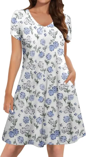 Womens Summer Dresses 2025 V Neck Short Sleeve Floral Graphic Sundresses Cute Loose Casual Midi Dress with Pockets
