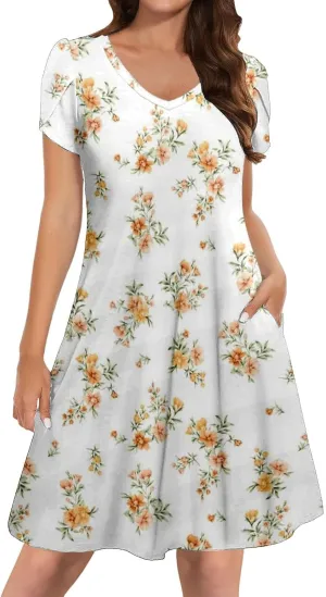 Womens Summer Dresses 2025 V Neck Short Sleeve Floral Graphic Sundresses Cute Loose Casual Midi Dress with Pockets