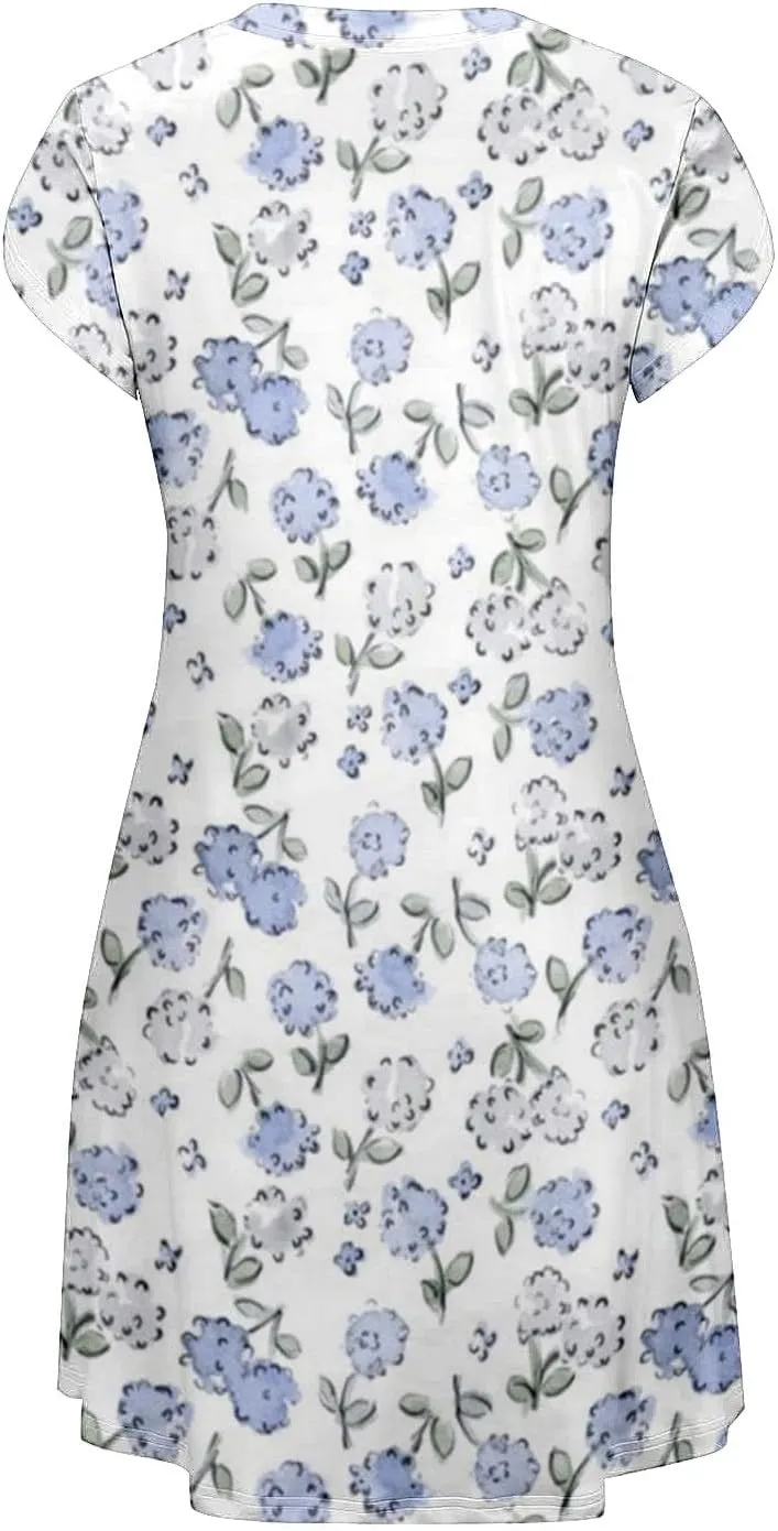 Womens Summer Dresses 2025 V Neck Short Sleeve Floral Graphic Sundresses Cute Loose Casual Midi Dress with Pockets