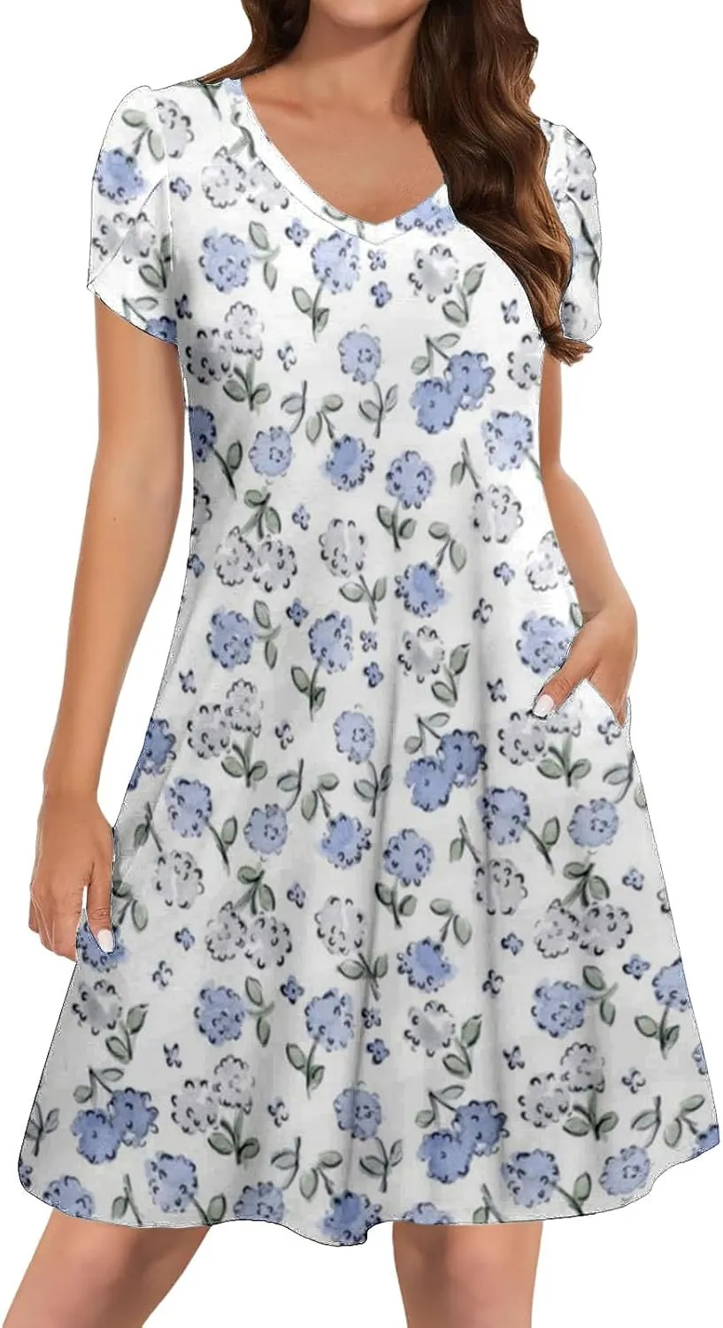Womens Summer Dresses 2025 V Neck Short Sleeve Floral Graphic Sundresses Cute Loose Casual Midi Dress with Pockets