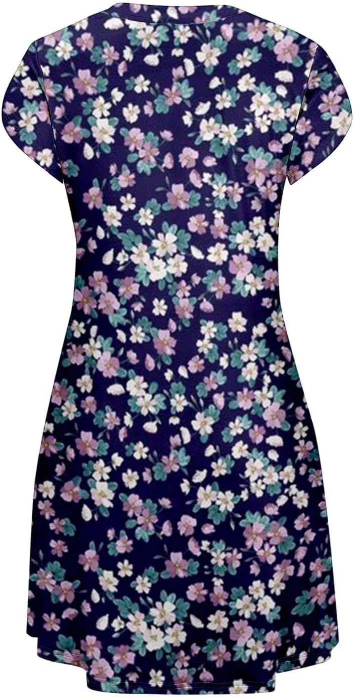 Womens Summer Dresses 2025 V Neck Short Sleeve Floral Graphic Sundresses Cute Loose Casual Midi Dress with Pockets