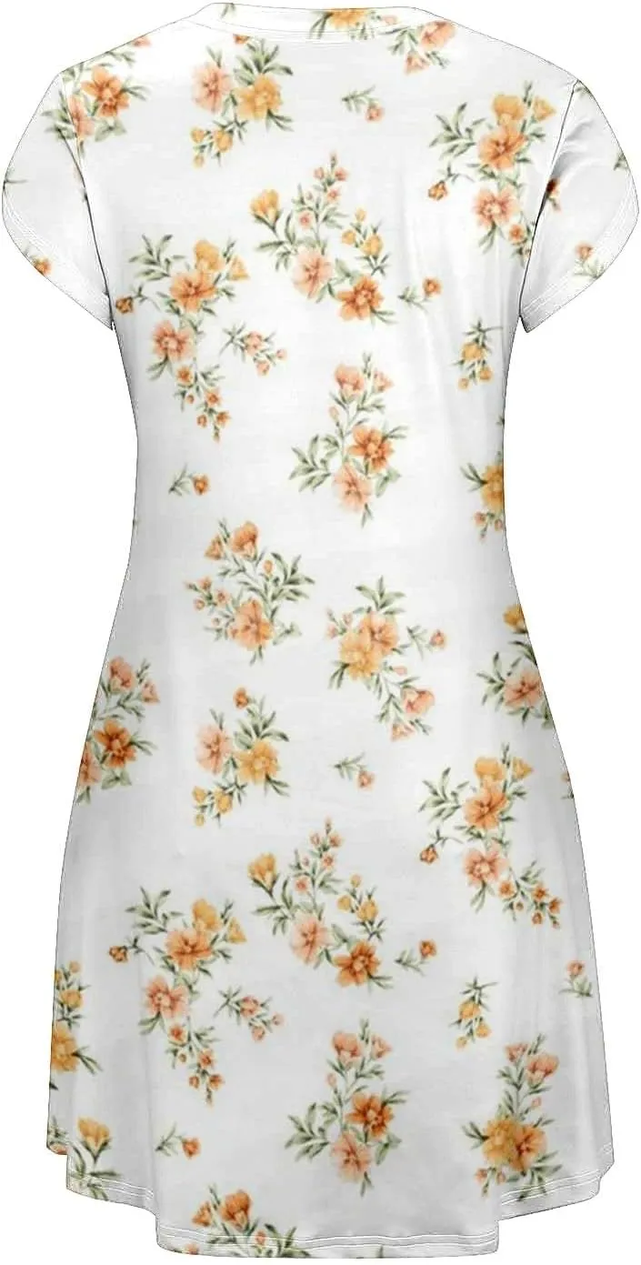 Womens Summer Dresses 2025 V Neck Short Sleeve Floral Graphic Sundresses Cute Loose Casual Midi Dress with Pockets