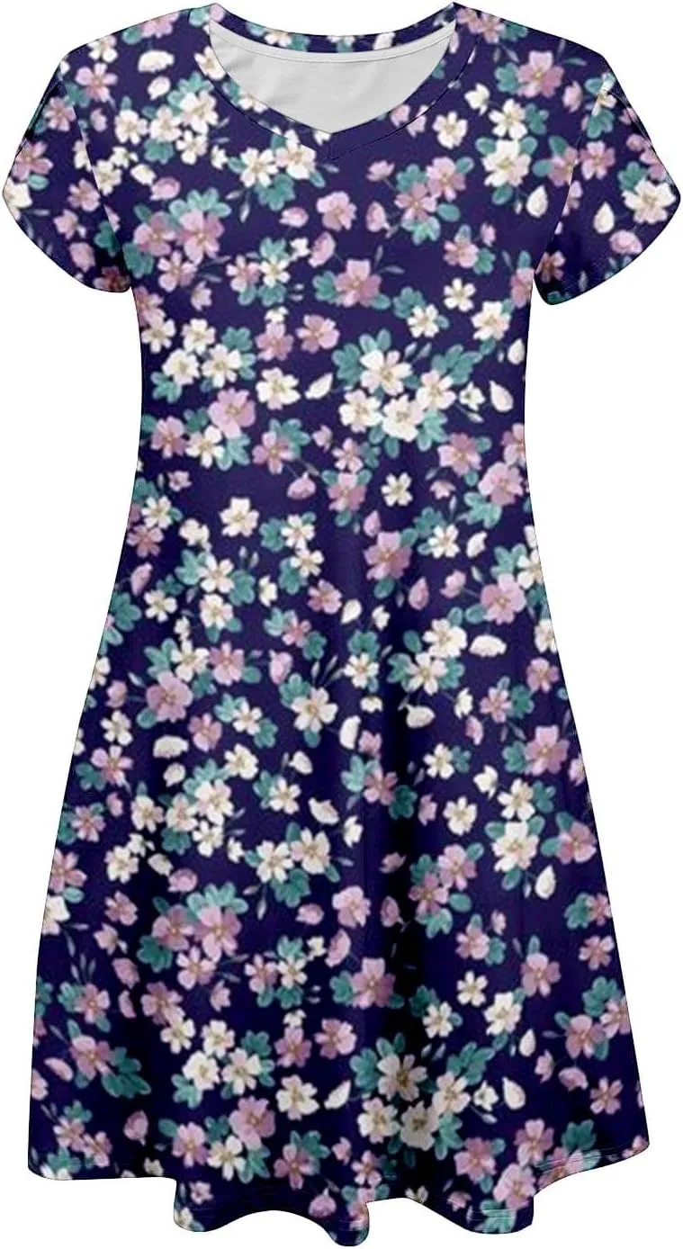 Womens Summer Dresses 2025 V Neck Short Sleeve Floral Graphic Sundresses Cute Loose Casual Midi Dress with Pockets