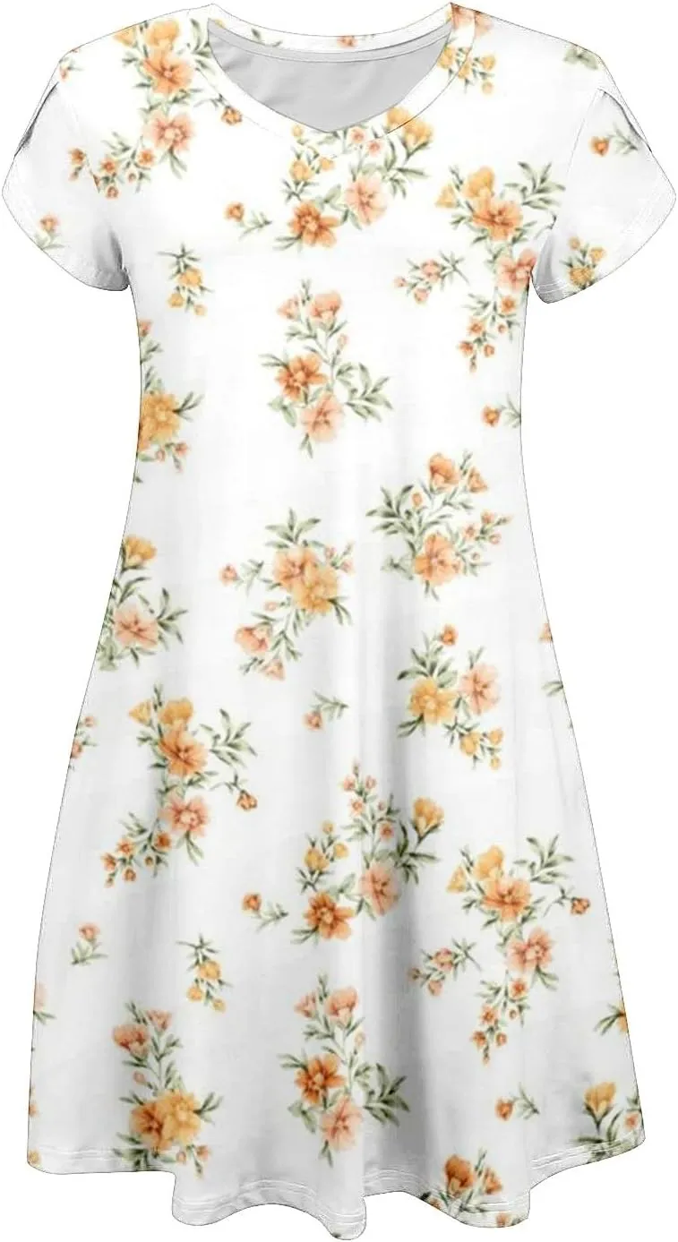 Womens Summer Dresses 2025 V Neck Short Sleeve Floral Graphic Sundresses Cute Loose Casual Midi Dress with Pockets
