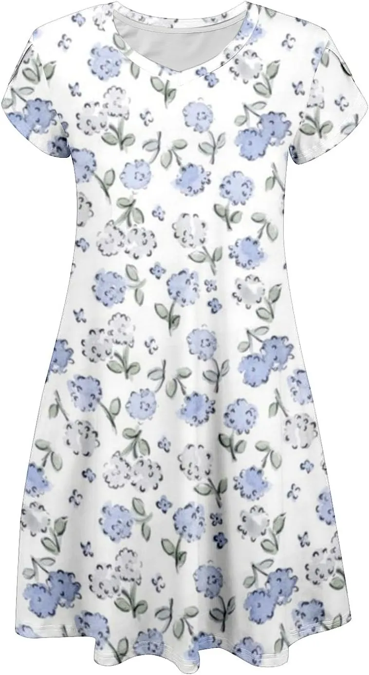 Womens Summer Dresses 2025 V Neck Short Sleeve Floral Graphic Sundresses Cute Loose Casual Midi Dress with Pockets
