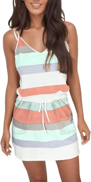 Women's Summer Dresses 2025 V Neck Striped Mini Dress Elastic Drawstring Jumpsuit Casual Sundress with Pockets