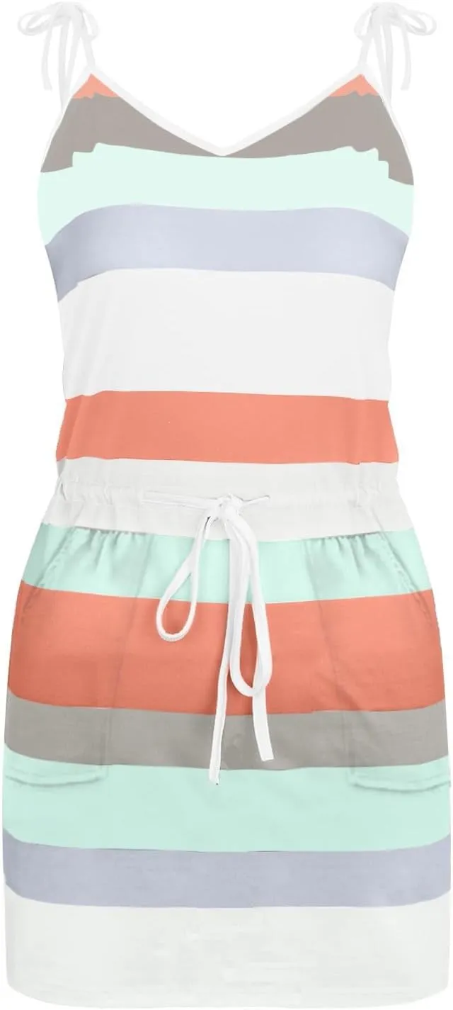 Women's Summer Dresses 2025 V Neck Striped Mini Dress Elastic Drawstring Jumpsuit Casual Sundress with Pockets