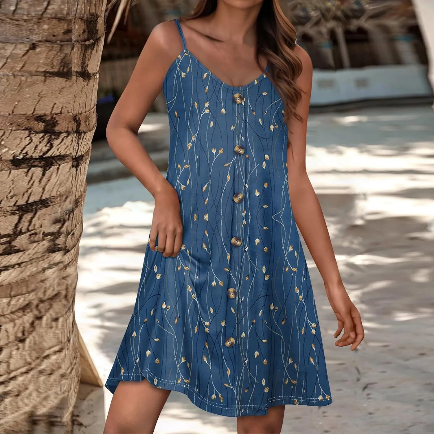 Womens Summer Dresses Beach Floral Sundresses Button Flowy Mini Dress Spaghetti Strap Casual Sleeveless a Line Dress