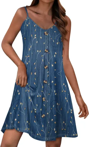 Womens Summer Dresses Beach Floral Sundresses Button Flowy Mini Dress Spaghetti Strap Casual Sleeveless a Line Dress