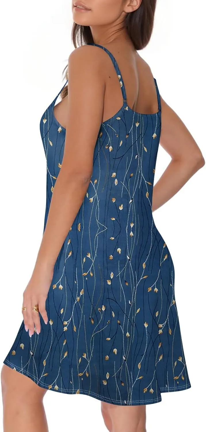 Womens Summer Dresses Beach Floral Sundresses Button Flowy Mini Dress Spaghetti Strap Casual Sleeveless a Line Dress