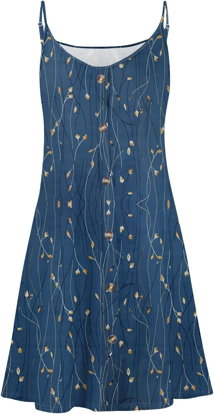 Womens Summer Dresses Beach Floral Sundresses Button Flowy Mini Dress Spaghetti Strap Casual Sleeveless a Line Dress