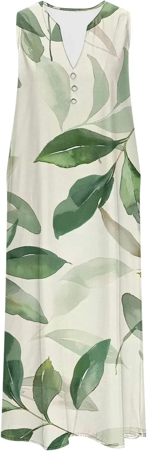 Womens Summer Dresses Boho Floral Printed Sundress Casual Button V-Neck Sleeveless Beach Vacation Midi Dress