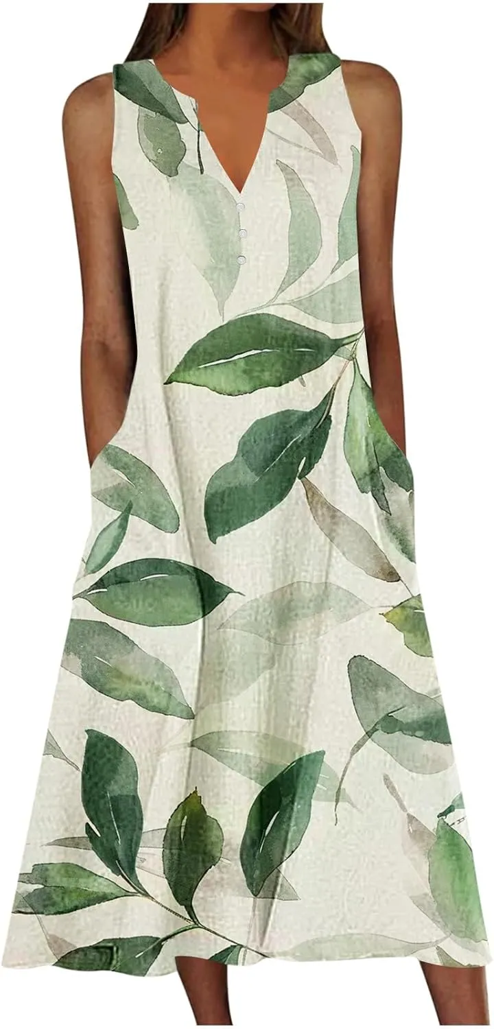 Womens Summer Dresses Boho Floral Printed Sundress Casual Button V-Neck Sleeveless Beach Vacation Midi Dress