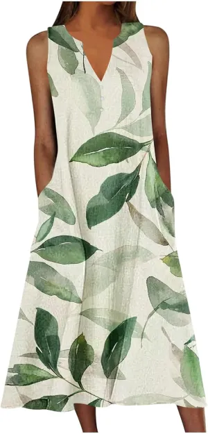 Womens Summer Dresses Boho Floral Printed Sundress Casual Button V-Neck Sleeveless Beach Vacation Midi Dress