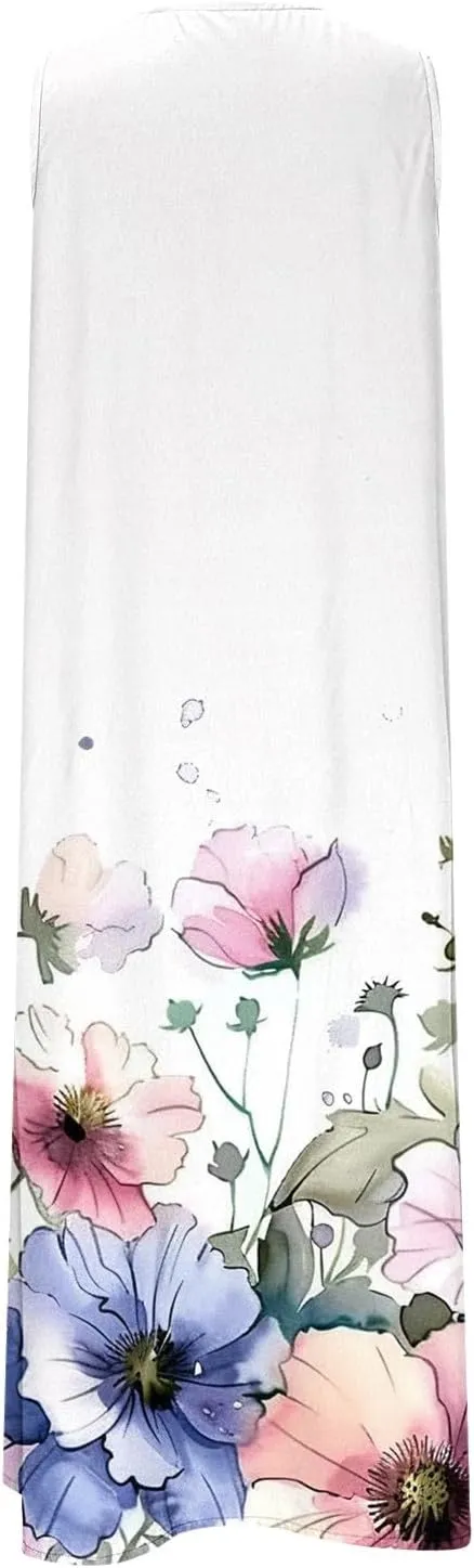 Womens Summer Dresses Casual Boho Style Dress Sleeveless Button V Neck Maxi Sundress Beach Vacation Floral Clothes