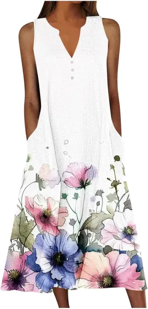 Womens Summer Dresses Casual Boho Style Dress Sleeveless Button V Neck Maxi Sundress Beach Vacation Floral Clothes
