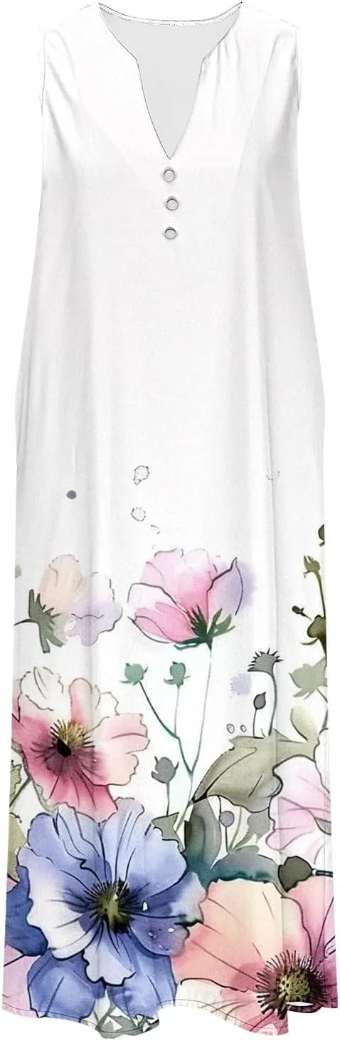 Womens Summer Dresses Casual Boho Style Dress Sleeveless Button V Neck Maxi Sundress Beach Vacation Floral Clothes