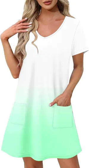 Womens Summer Dresses Casual Short Sleeve Gradient Color Dress Vacation Loose Crewneck Beach Sundress with Pocket