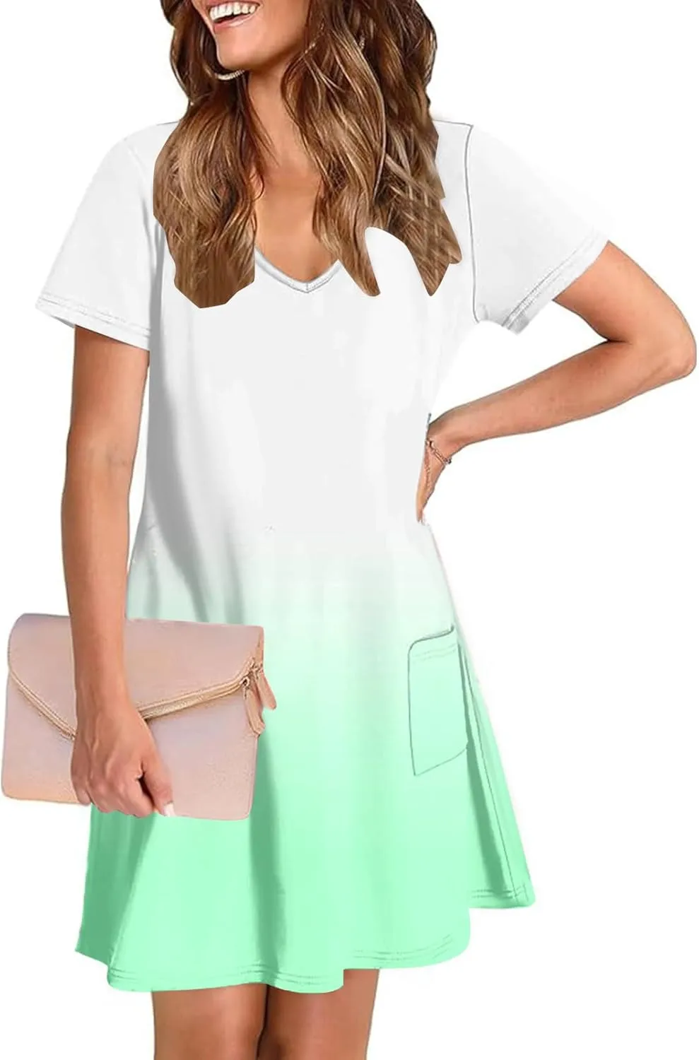 Womens Summer Dresses Casual Short Sleeve Gradient Color Dress Vacation Loose Crewneck Beach Sundress with Pocket