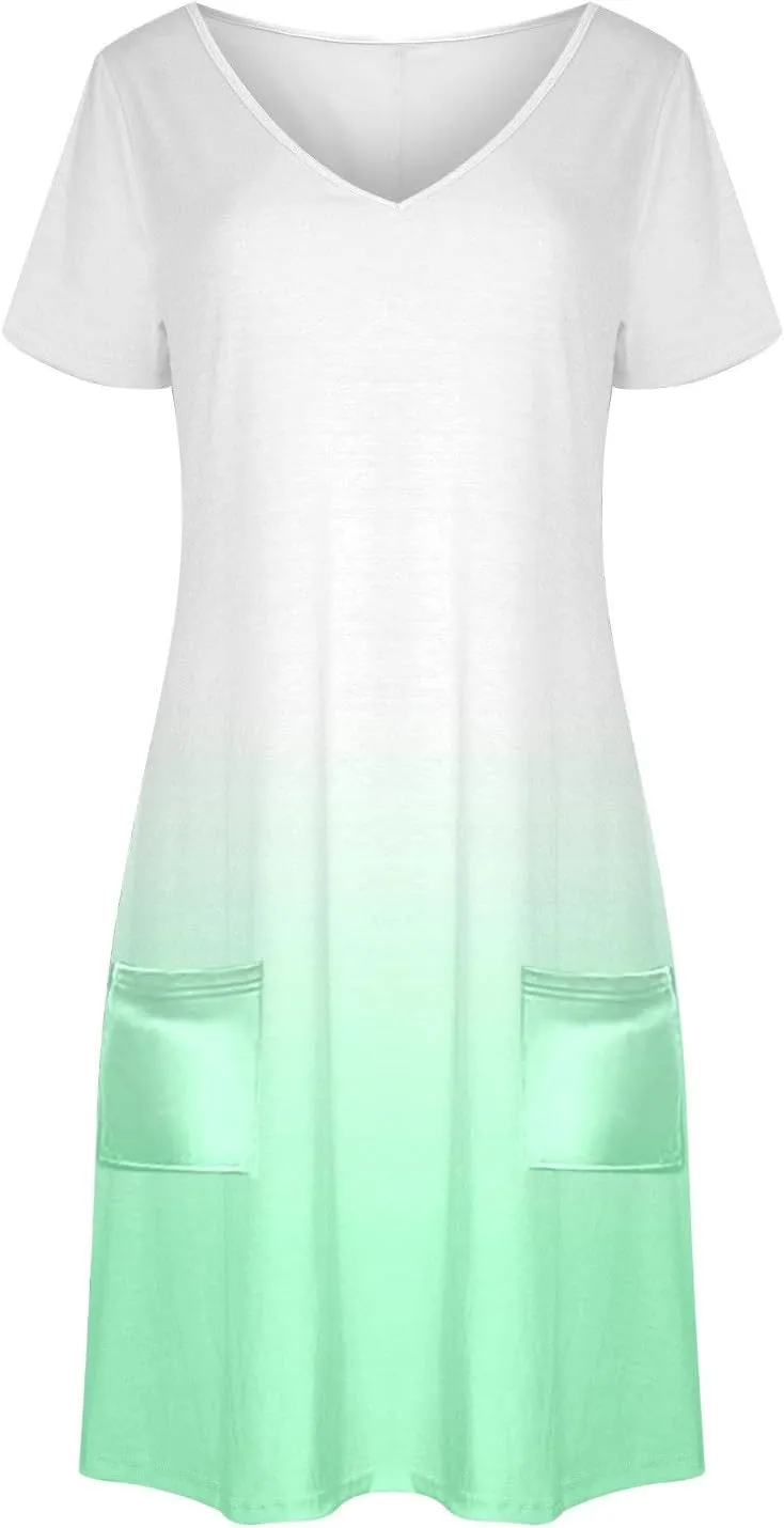 Womens Summer Dresses Casual Short Sleeve Gradient Color Dress Vacation Loose Crewneck Beach Sundress with Pocket