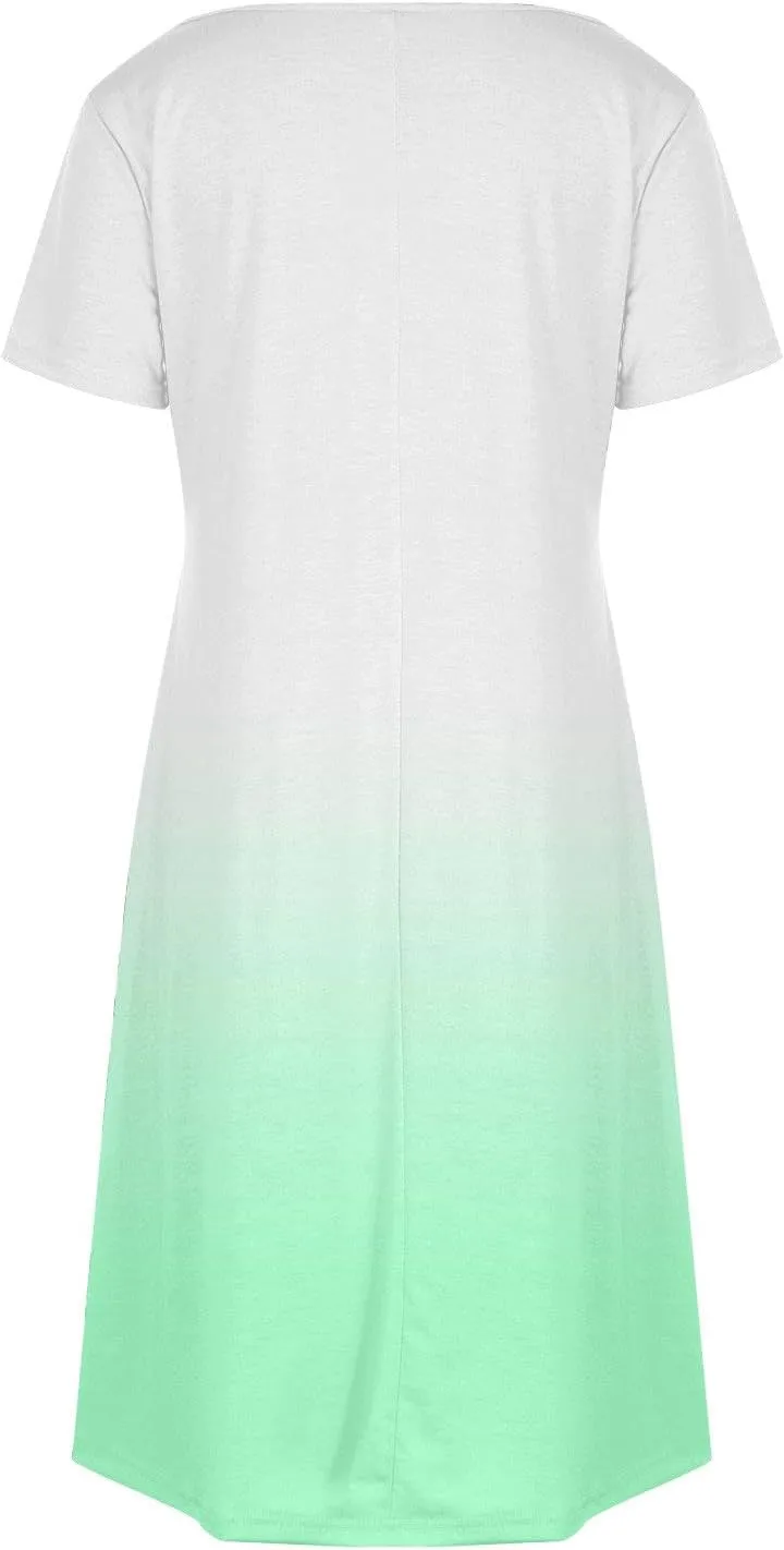 Womens Summer Dresses Casual Short Sleeve Gradient Color Dress Vacation Loose Crewneck Beach Sundress with Pocket