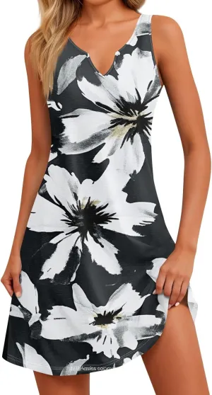 Womens Summer Dresses Casual Sleeveless Boho Beach Mini Sundress V Neck Slit Floral Printed A Line Tank Dress